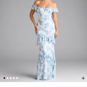 Windsor Blue Floral Off-Shoulder Maxi Dress